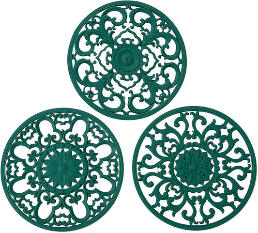 Extra Thick Silicone Trivet Mat for Hot Dishes, Hot Pots and Pans, Pot Holder, Hot Pad to Portect Your Table and Countertop, Kitchen Decor and Accessories,Malachite Green,Set of 3