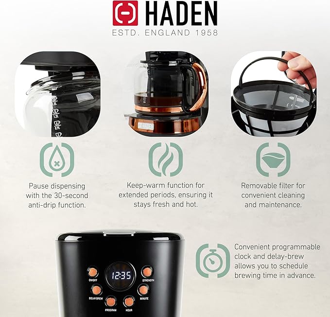 Haden Heritage 2 Slice Wide Slot Stainless Steel Toaster Bundled with 12 Cup Programmable Drip Coffee Maker Coffee Machine, Black & Copper