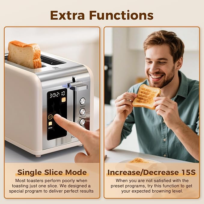 2 Slice Touch Screen Toaster, Stainless Steel Toaster with Wide Slots for Bagels and Bread, Reheat/Defrost/Cancel Functions, Removable Crumb Tray, Cream Color