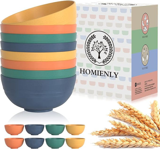 Homienly Plastic Bowls Alternative, Unbreakable Wheat Straw Cereal Bowls 8 PCS - Microwave & Dishwasher Safe Bowl for Cereal, Snack, Rice, Salad, Soup Bowls for Kitchen, Camping, Party(Muliti,26 OZ)