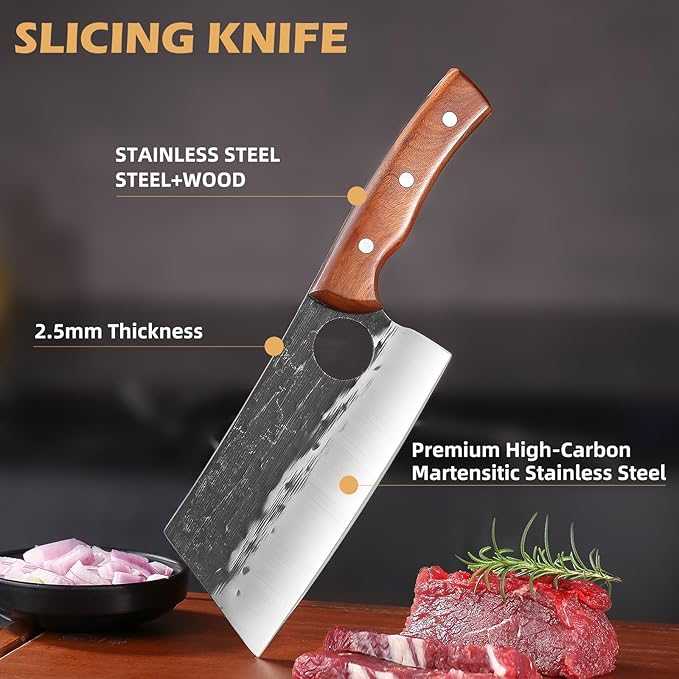 Meat Cleaver Chef Viking Butcher Japanese Cutting Boning Chopping Knife Hand Forged Full Tang Knives with Sheath for Kitchen, Outdoor Cooking, Camping, BBQ, Gift for Man and Women