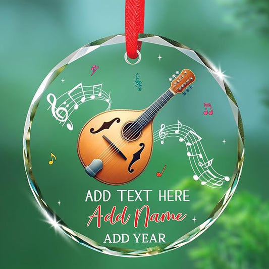 Personalized Mandolin Glass Ornament Xmas 2025, Musical Instrument Christmas Ornament Gift for Mandolin Player, Customized Text & Name Mandolinist Glass Keepsake, Instrument Lover Christmas Ornaments
