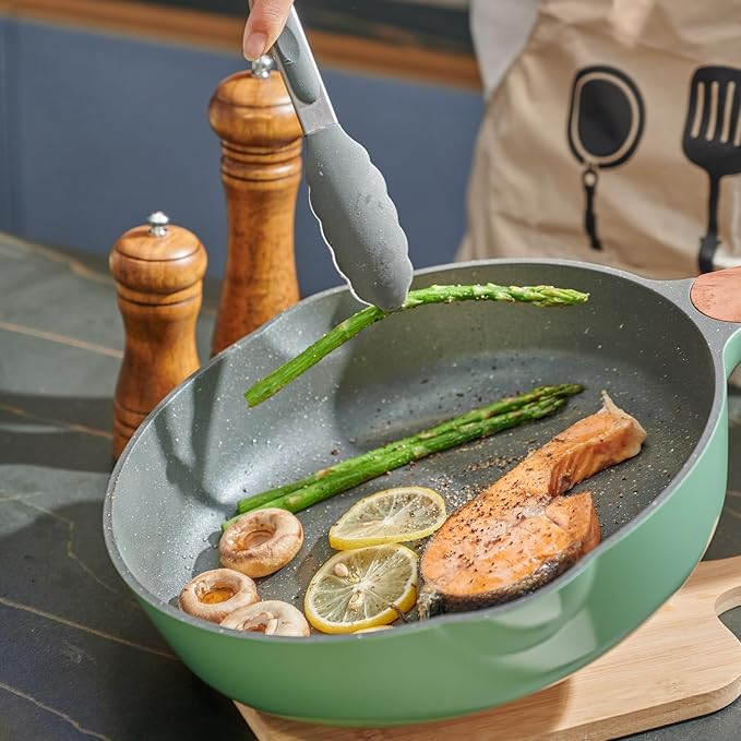 Frying Pans Nonstick with Lid, 10.2 Inches Skillets and Frying pan, Granite Cooking Pan with Pour Spout, Non Toxic Frying Pan for Stove, Induction, Gas, Pb, Cd PFOA Free (Green, 10.2 Inches)
