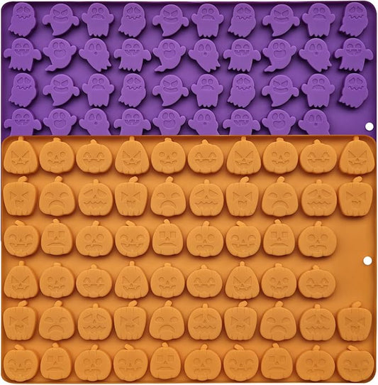 Halloween Silicone Mini Candy Molds, Mini Pumpkin and Ghost Molds, Silicone Treat or Trick Molds for Halloween Candy, Chocolate, Gummy, Cookies, Jelly, Set of 2