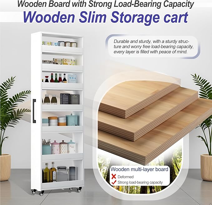 7-Tier Slim Storage Cart, Wooden Rolling Pantry Cabinet with Wheels, Narrow Shelf Organizer for Kitchen, Bakers Rack, Dining Room, Closet, Small Spaces Warm White 73.2‘’H*5.9''W*19.6''D