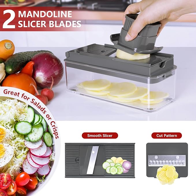 Vegetable Chopper, Onion Chopper Dicer, Mandoline Slicer, Food Chopper with Container, Vegetable Cutter for Salad Potato Carrot Garlic（9 Blades, Grey）