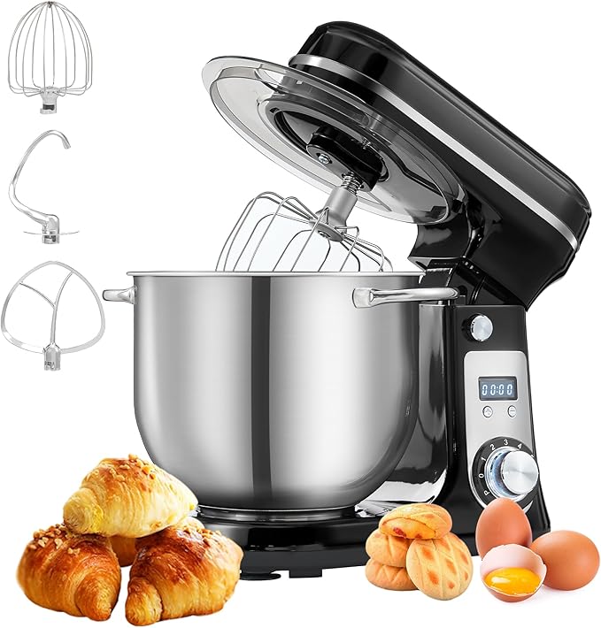 Biolomix Kitchen Electric Stand Mixer, 6 Speed Tilt Head Food Mixer with 6.5 QT Stainless Steel Bowl, Dough Hook, Flat Beater, Whisk and Anti Splash Cover, Red (6.5 QT, Black)