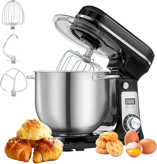 Biolomix Kitchen Electric Stand Mixer, 6 Speed Tilt Head Food Mixer with 6.5 QT Stainless Steel Bowl, Dough Hook, Flat Beater, Whisk and Anti Splash Cover, Red (6.5 QT, Black)