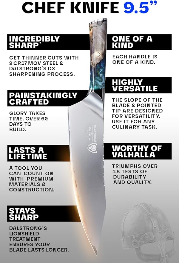 Dalstrong Chef Knife - 9.5 inch - Valhalla Series - 9CR18MOV HC Steel Kitchen Knife - White Resin & Wood Handle - Razor Sharp Chef's Knife - Kitchen Knife - Professional Cooking - w/Leather Sheath
