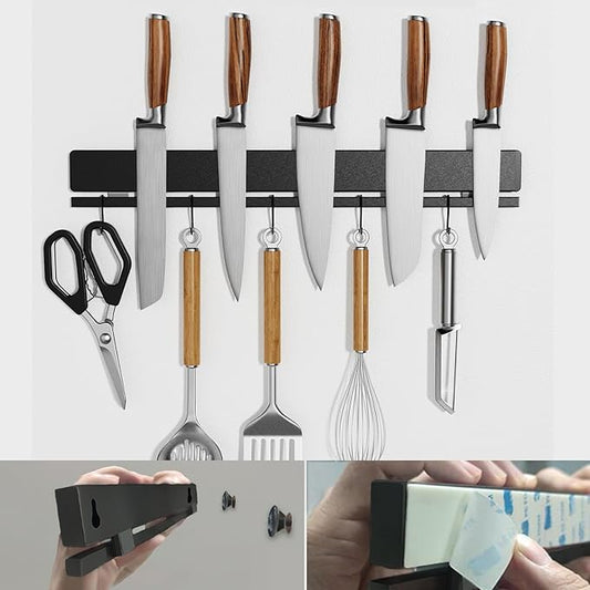 YIIYIIN 17 Inch Magnetic Knife Holder for Wall No Drill,Adhesive Knife Magnetic Strip with 12 Hooks,Kitchen Double Rods Stainless Steel Magnetic Utensil Holder(Black)