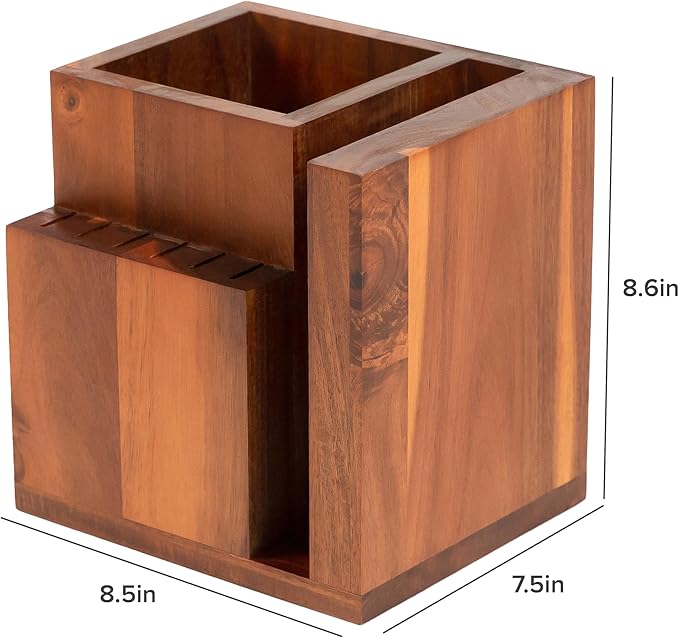 KitchenEdge Acacia Magnetic Knife Block and Cooking Utensil Holder, Sleek Storage for Chefs Knives, Steak Knives, Spatulas, Scissors, Non-Slip Rubber Feet, Easy to Clean, Kitchen Countertop Organizer