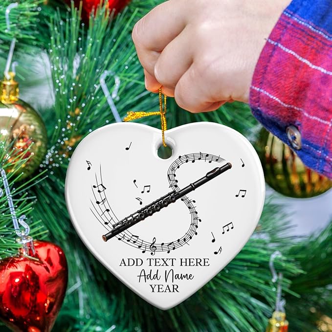 Personalized Flute Player Ceramic Ornament with Text Name & Year, Custom Flutist Christmas Tree Ornament, Flute Musical Instrument Xmas Ornaments 2025, Gift for Music Lover Student Friend