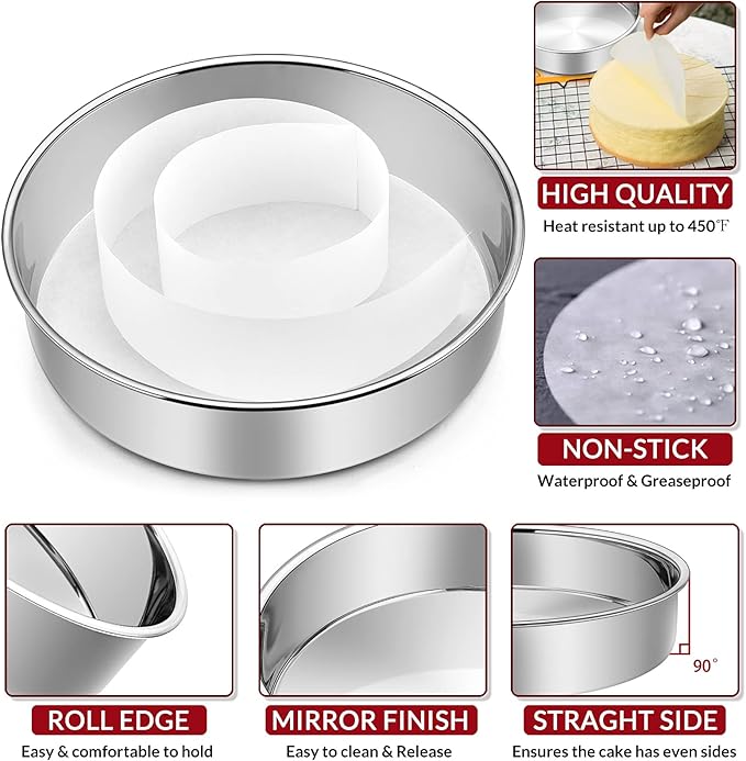 6 Inch Cake Pan Set of 2, E-Far Stainless Steel Round Layer Smash Cake Baking Pans with Parchment Rounds & Side Liner Roll, Non-Toxic & Healthy Metal Cakes Tin, Straight Side & Dishwasher Safe