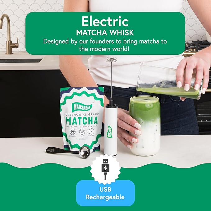 MatchaBar Electric Milk Frother Hand Blender - Stainless Steel Electric Matcha Whisk, Handheld Drink Mixer for Coffee, Greens & Protein - Easy to Clean USB Rechargeable High-Speed Immersion Blender