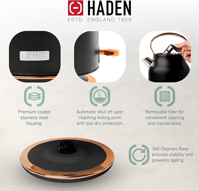 HADEN Heritage 1.7 Liter Stainless Steel Electric Kettle Bundled with 12 Cup Drip Coffee Maker, Coffee Machine with Auto Shut-Off, Black & Copper