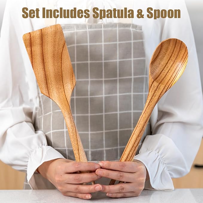 Wooden Spoons for Cooking, Wooden Cooking Spatula Turner and Spoon Set, 2-Piece, Sturdy, Lightweight and Heat Resistant