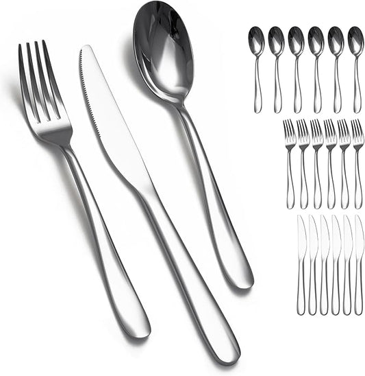 Stainless Steel 18PCS Dinner Set combo with 6 Dinner Knives, 6 Dinner Forks, 6 Dinner Spoons，Silverware Set for Home, Kitchen and Restaurant, Mirror Polished& Dishwasher Safe