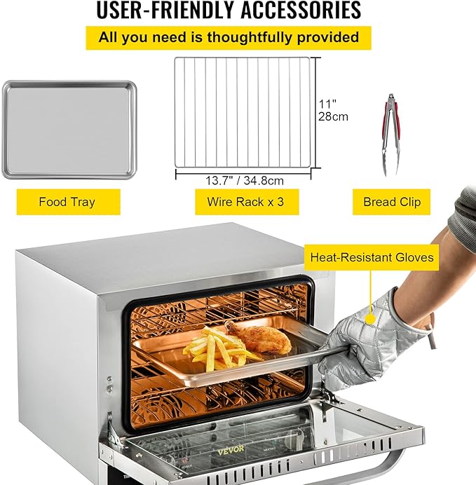 VEVOR Commercial Convection Oven, 21L/19Qt, Quarter-Size Conventional Oven Countertop, 1440W 3-Tier Toaster w/Front Glass Door, Electric Baking Oven w/Trays Wire Racks Clip Gloves, 120V