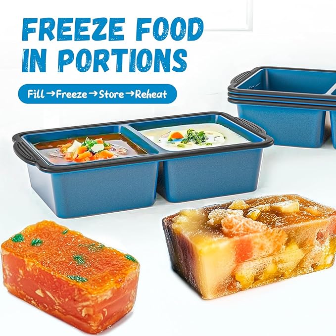 Silicone Freezer Tray With Lid, 4 Large 2 Cup Soup Freezer Molds, Soup Freezer Container for Meal Prepping, Large Ice Cube Tray， Perfect for Storing Leftovers, Sauces, Lasagna, 2-Pack