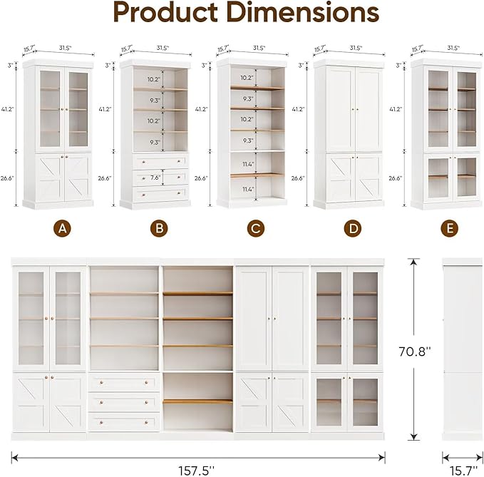 70.8" Tall Farmhouse Bookshelf, Modular Bookcase with Glass Doors, 6-Tier Adjustable Shelves, Large Storage Cabinet for Kitchen, Living Room, White, Set of 4