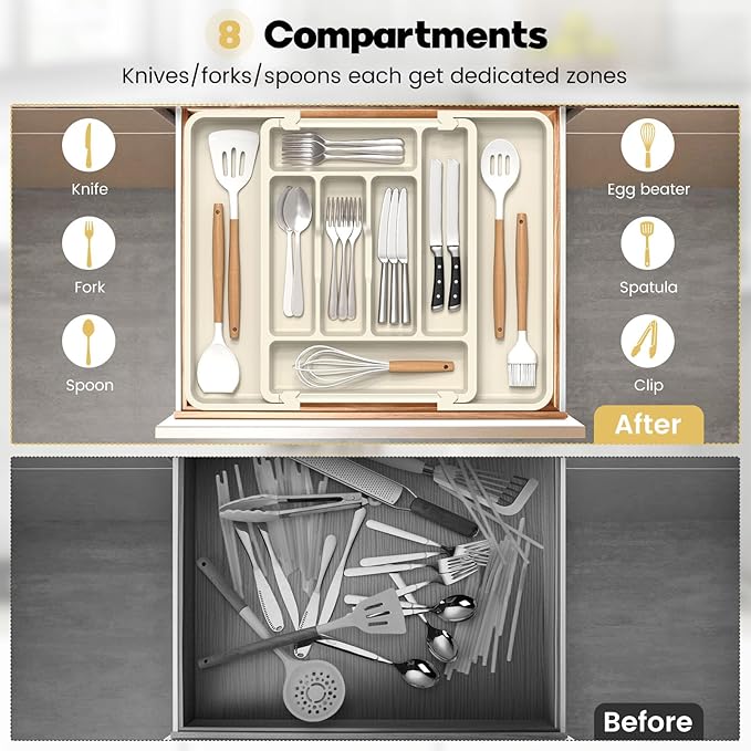 Caperci Large Silverware Organizer for Kitchen Drawer & Utensils - Expandable Drawer Organizer for Cutlery, Flatware & Gadget, BPA-Free Thick Plastic, Wider Compartments & Non-skid Feet (Tofu)