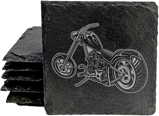 Level Up Your Man Cave: Rustic Chopper Coasters for The Motorcycle Enthusiast - Square Slate - Set of 4