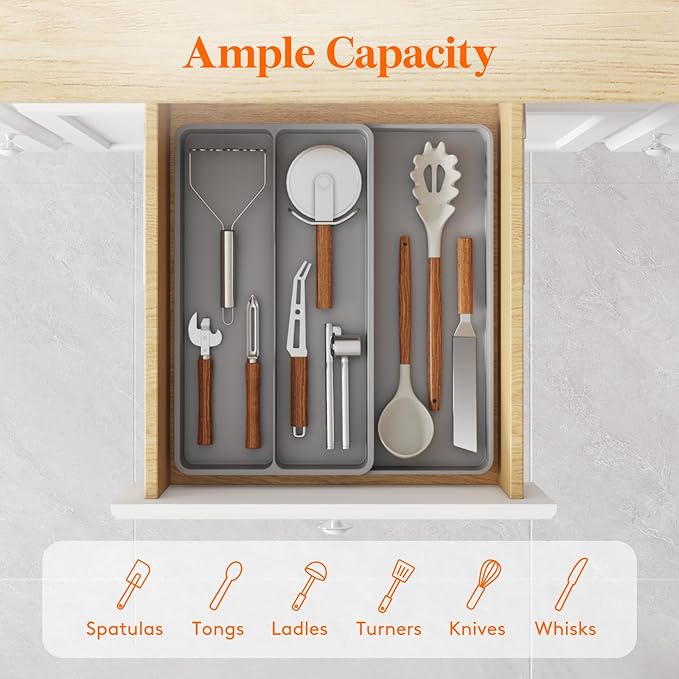 Lifewit Utensil Drawer Organizer, Expandable Cooking Silverware Tray for Kitchen Drawer, Adjustable Cutlery Flatware Holder, Plastic Spatula Tools and Gadgets Storage Divider, 3 Compartments, Gray
