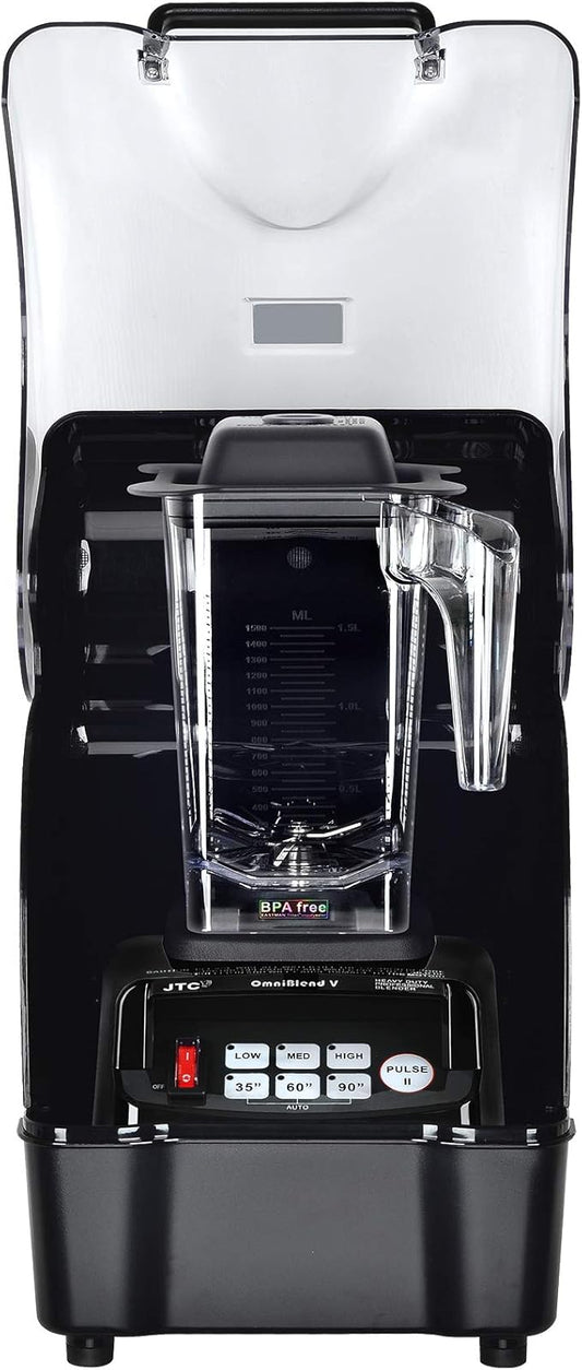 OmniBlend Omni-Q Commercial Blender with Full Sound Enclosure Shield, Quiet Heavy Duty 3-Speed, Self-Cleaning, Includes Multifunctional 2-in-1 Wet Dry Blades, 1.5 Liter Jar (Black)