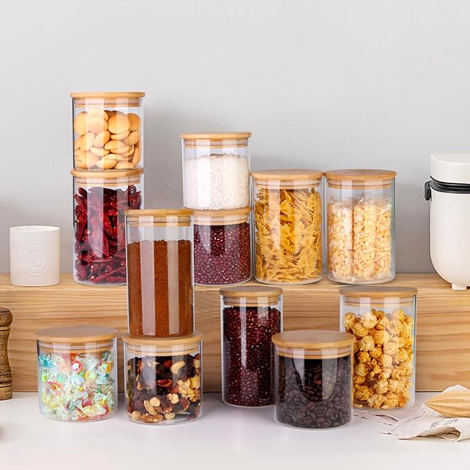 Glass Food Jars with Lids,37oz Glass Storage Containers with Airtight Bamboo Lids,Round Glass Canister Set of 4, Pantry Organizers and Storage for Cookie Flour Oat Pasta Tea Coffee Bean