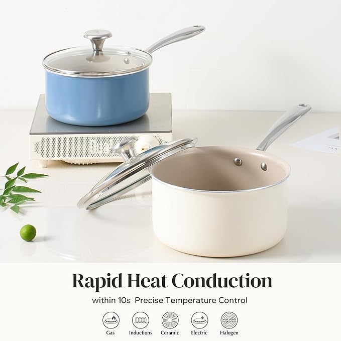 Redchef Nonstick Ceramic Sauce Pan With Lid, 3.5QT Small Cooking Pot with Stay-Cool Handle, Kitchen Non Toxic Soup Pot, PTFE & PFOA Free, Oven & Dishwasher Safe, Compatible with All Stovetops-Beige