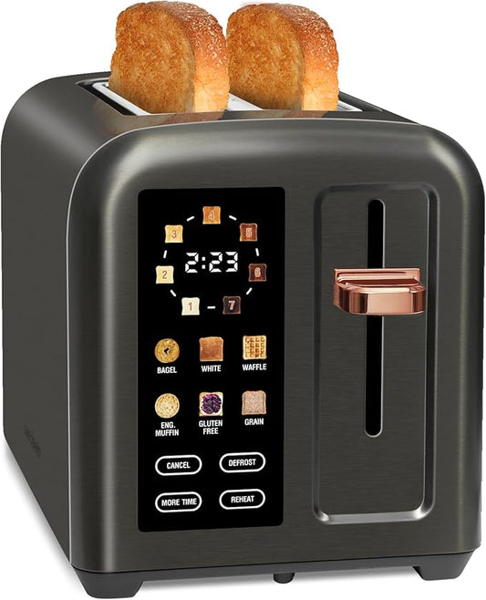 SEEDEEM Toaster 2 Slice, Touch Control Stainless Toaster LCD Display, 50% Faster Heating Speed, 1.4'' Wide Slots, More Timer Functions, Removable Crumb Tray, 1350W, Dark Metallic