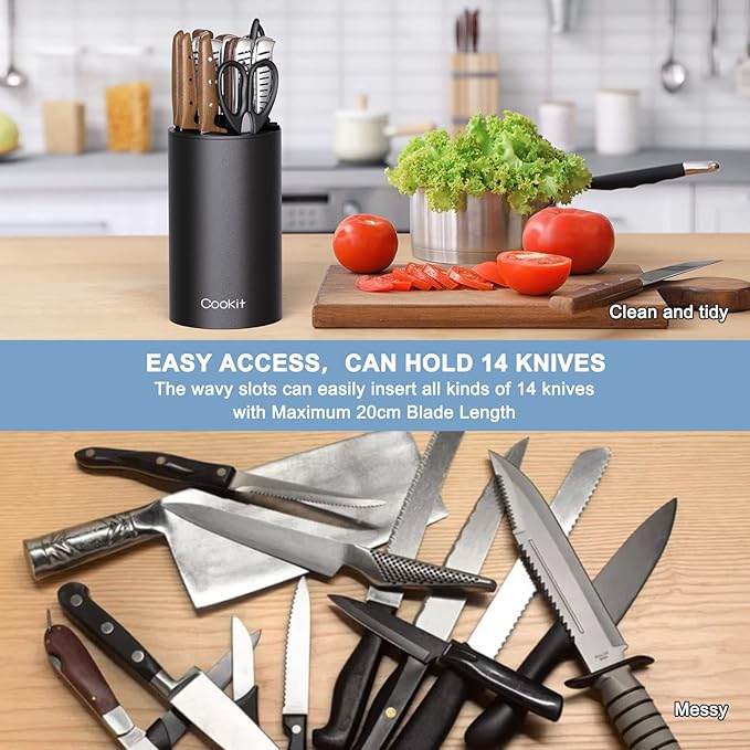 Knife Block Without Knives, Cookit Universal Round Knife Block Only, Detachable Knife Holder for Easy Cleaning, Space Saver Knife Storage Holder with Scissors Slot, Black