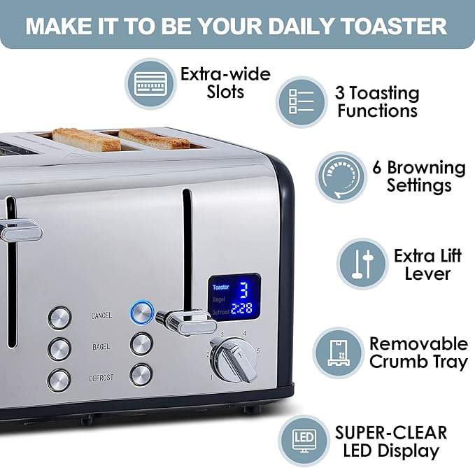 CUSIMAX 4 Slice Toaster, Stainless Steel, Ultra-Clear LED Display & Extra Wide Slots, with Dual Control Panels of 6 Shade Settings, Cancel/Bagel/Defrost Function, Removable Crumb Trays, Black