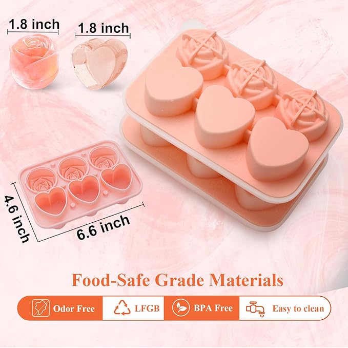 Silicone Ice Cube Trays for Freezer, 2 Pack Cute Ice Cube Tray with Lid,Rose Ice Mold and Heart Ice Mold Make 6 Giant Cute Flower Shape Ice for Cocktails Whiskey Bourbon,Father's day gifts