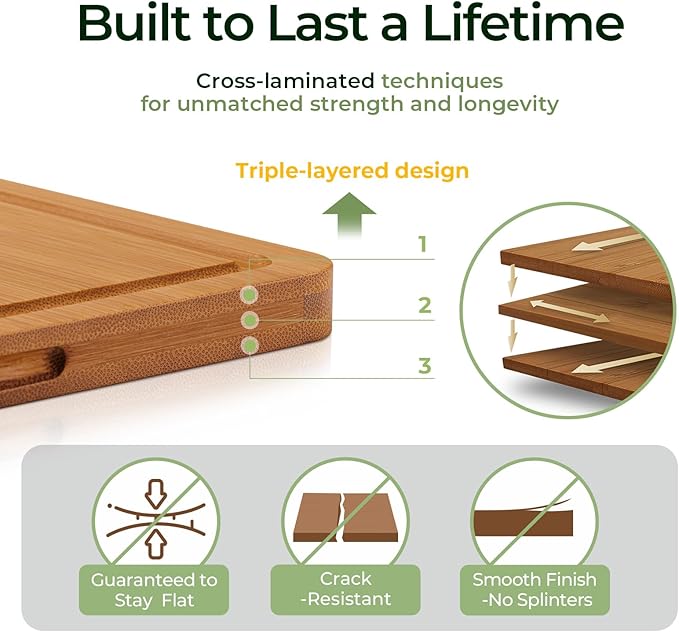 Butcher Block 2-Pcs Carbonized Bamboo Cutting Board Set With Juice Groove For Meal Prep & Cheese Serving - Ideal Kitchen Gift Set of 2 (M+L)