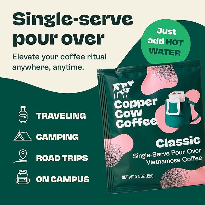 Copper Cow Coffee Premium Pour Over Single-Serve Vietnamese Coffee Pouches (8 pack) | Classic Black | Dark Roast | Convenient Vietnamese Ground Coffee Packets, Travel Friendly