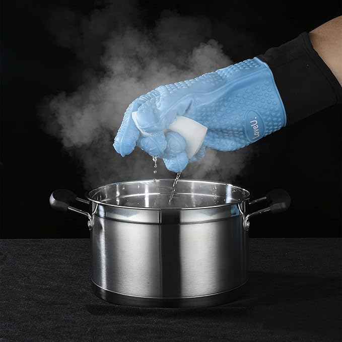 Kitchen Oven Gloves - Silicone and Cotton Double-Layer Heat Resistant Oven Mitts/BBQ Gloves/Grill Gloves - Perfect for Baking and Grilling (XL-XXXL, Blue)