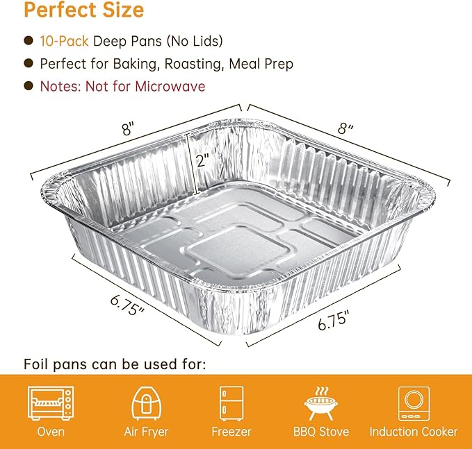 Aluminum Pans 8x8-10 Pack Disposable Foil Pans, Heavy Duty Aluminum Roasting Trays for Baking, Cooking, Heating, Storing, Prepping Food
