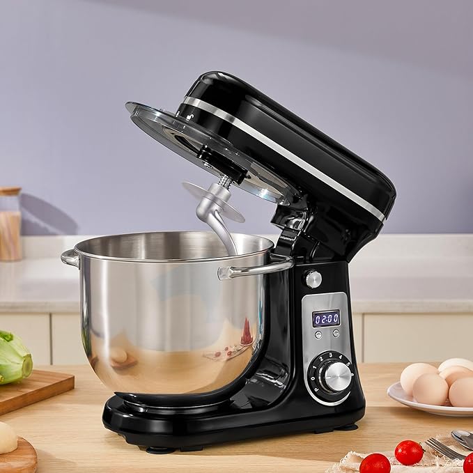 Biolomix Kitchen Electric Stand Mixer, 6 Speed Tilt Head Food Mixer with 6.5 QT Stainless Steel Bowl, Dough Hook, Flat Beater, Whisk and Anti Splash Cover, Red (6.5 QT, Black)