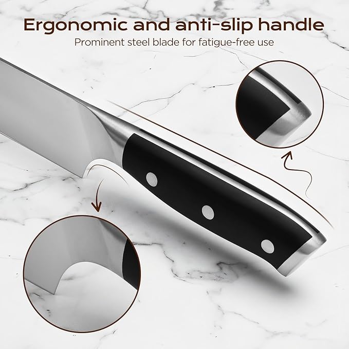 14-Piece Kitchen Knife Set with Oak Wood Block – 3Cr13 Stainless Steel Knife Block Set with Chef Knife, Santoku, Bread, Utility, Paring & 6 Steak Knives, Kitchen Shears & Sharpening Rod