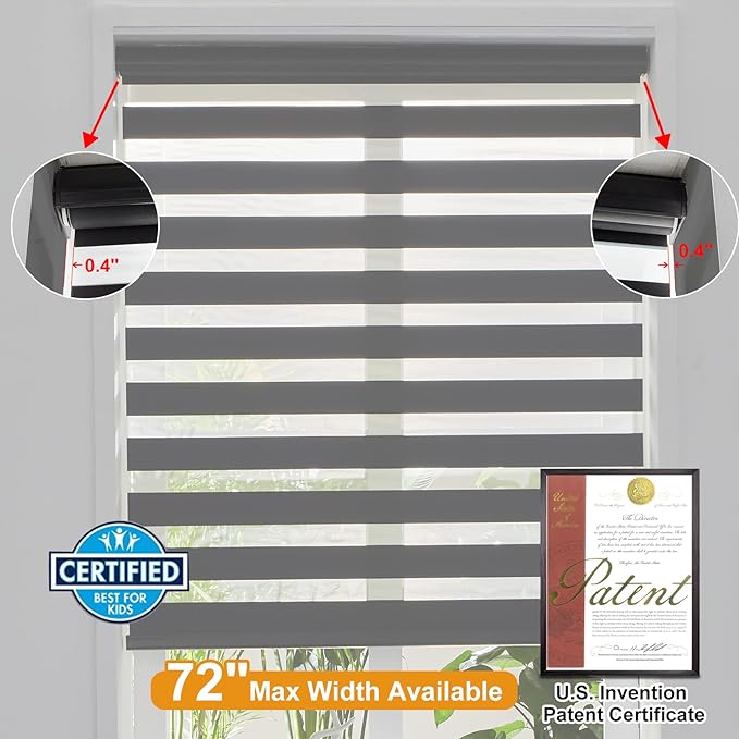Persilux Cordless Zebra Blinds for Windows Free-Stop Roller Windows Shades (24" W X 72" H, Black) Dual Layer Light Control for Day and Night, Light Filtering Sheer Shades for Home, Bedroom