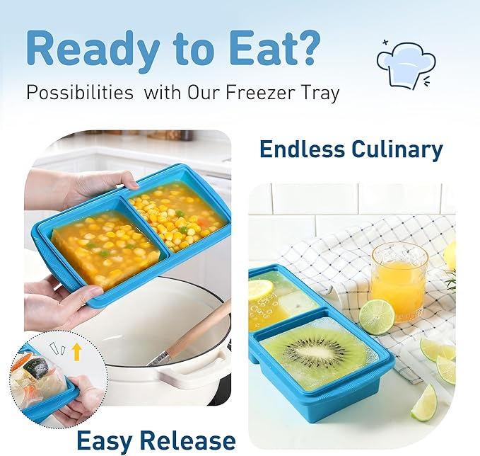 Silicone Freezer Tray with Lid Soup Freezer Container Molds with Steel Reinforced Rim Large Ice Cube Tray Makes 4 Perfect 2 Cup Portions Cubes Storage Food Ice Trays Kitchen Tools for Cooking 2 Pack