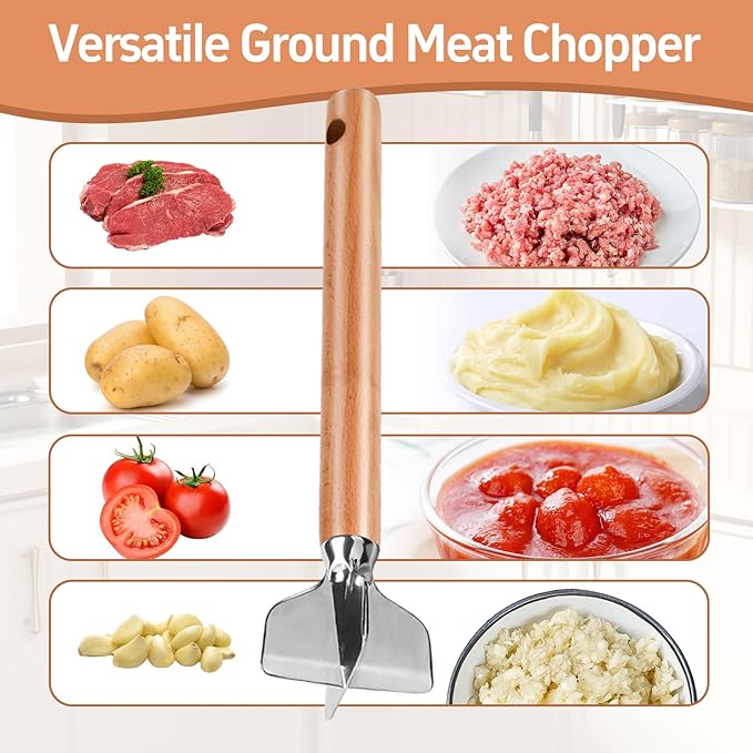 Stainless Steel Meat Chopper, Stainless Steel Meat Masher, 11 Inch, Ground Beef Chopper Tool, Metal Meat Masher, Ground Meat Smasher, Hamburger Smasher Tool