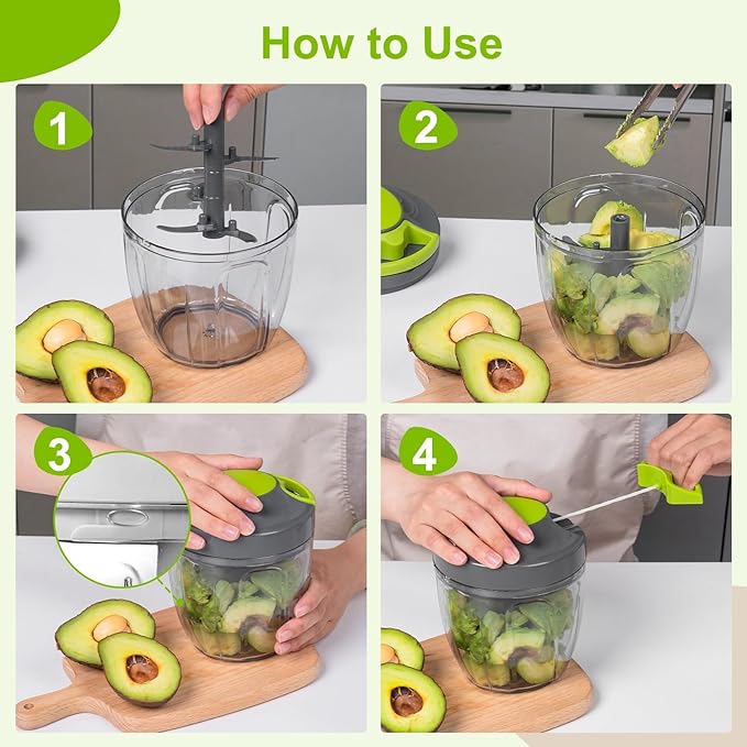 Manual Food Processor Vegetable Chopper, Portable Hand Pull String Garlic Mincer Onion Cutter for Veggies, Ginger, Fruits, Nuts, Herbs, etc., 900ml-Gray