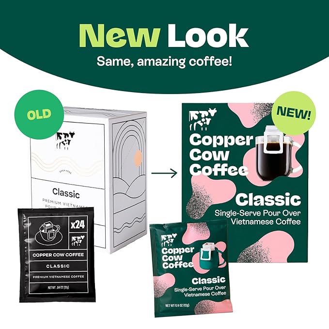 Copper Cow Coffee Premium Pour Over Single-Serve Vietnamese Coffee Pouches (24 pack) | Classic Black | Dark Roast | Convenient Vietnamese Ground Coffee Packets, Travel Friendly