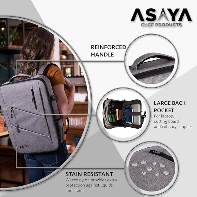 Asaya Chef Knife Backpack with 20 Pocket Knife Roll Bag - Over 30 Pockets for Knives - Knives Not Included (Grey)