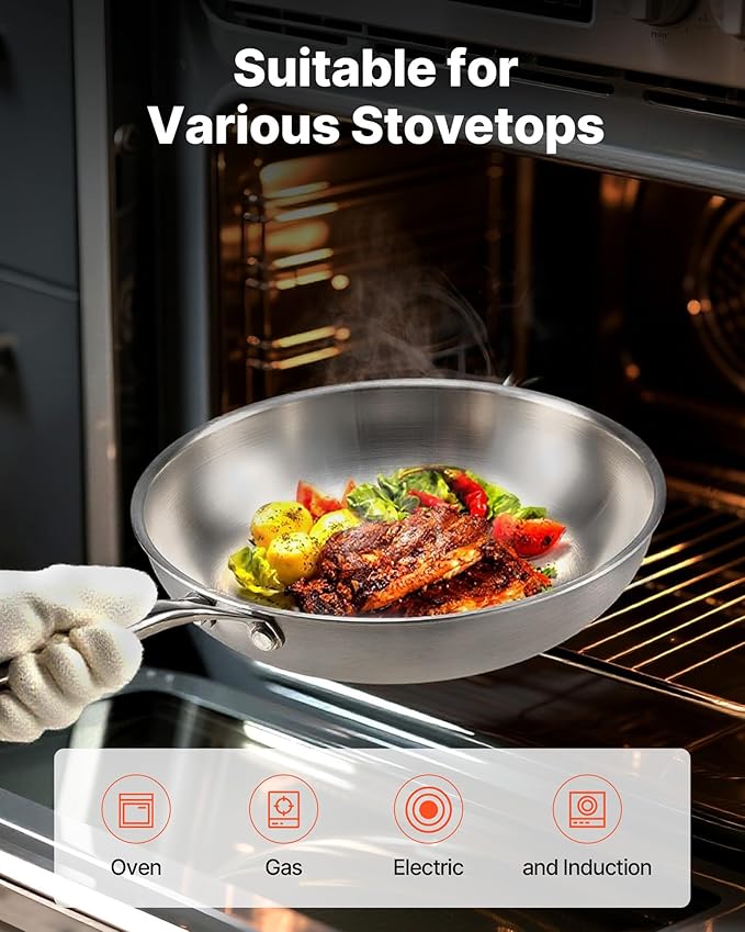 VEVOR Tri-Ply Stainless Steel Frying Pan, 3 Pcs Set (8, 10, 12 in), Cooking Skillet with Heat-Resistant Handle, Chef's Kitchen Cookware, Oven, Gas, Electric, Induction, Dishwasher Compatible, Silver