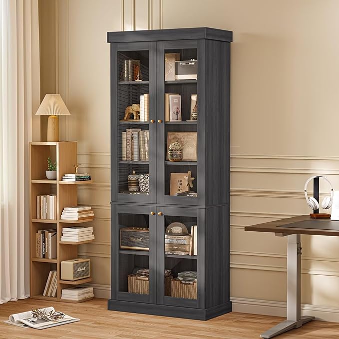 70.8" Bookshelf with Glass Doors, Farmhouse Modular Bookcase with 6-Tier Adjustable Shelves, Large Storage Cabinet for Living Room & Home Office, Set of 3, Black