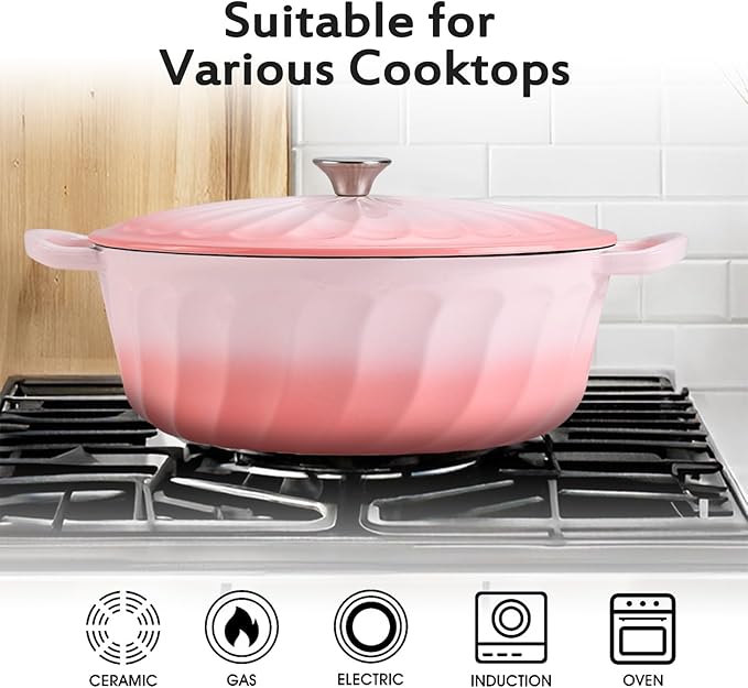 Enameled Oval Dutch Oven Pot with Lid, 7 QT Cast Iron Dutch Oven with Dual Handles for Cooking, Bread Baking, Frying, Non-stick Enamel Coated Oven (7 QT Gradient Pink)