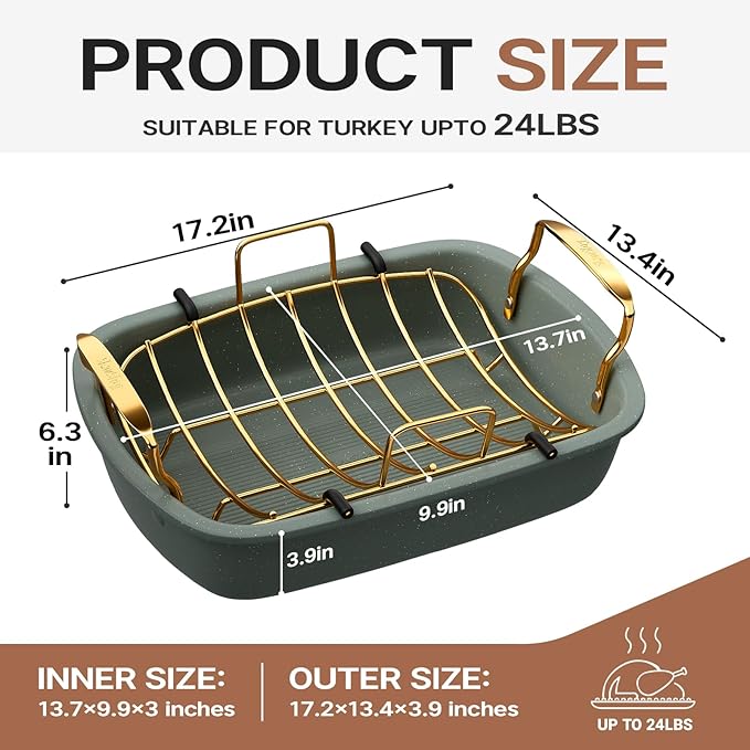 Nonstick Roasting Pan, 17 Inch x 13 Inch Large Roaster Pan with Removable Rack, Roaster for Roasting Turkey, Meat & Vegetables (Green）